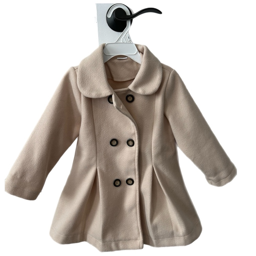 Toddler Girl Classic Tan Dress Pea Coat double breasted buttons pleated flare